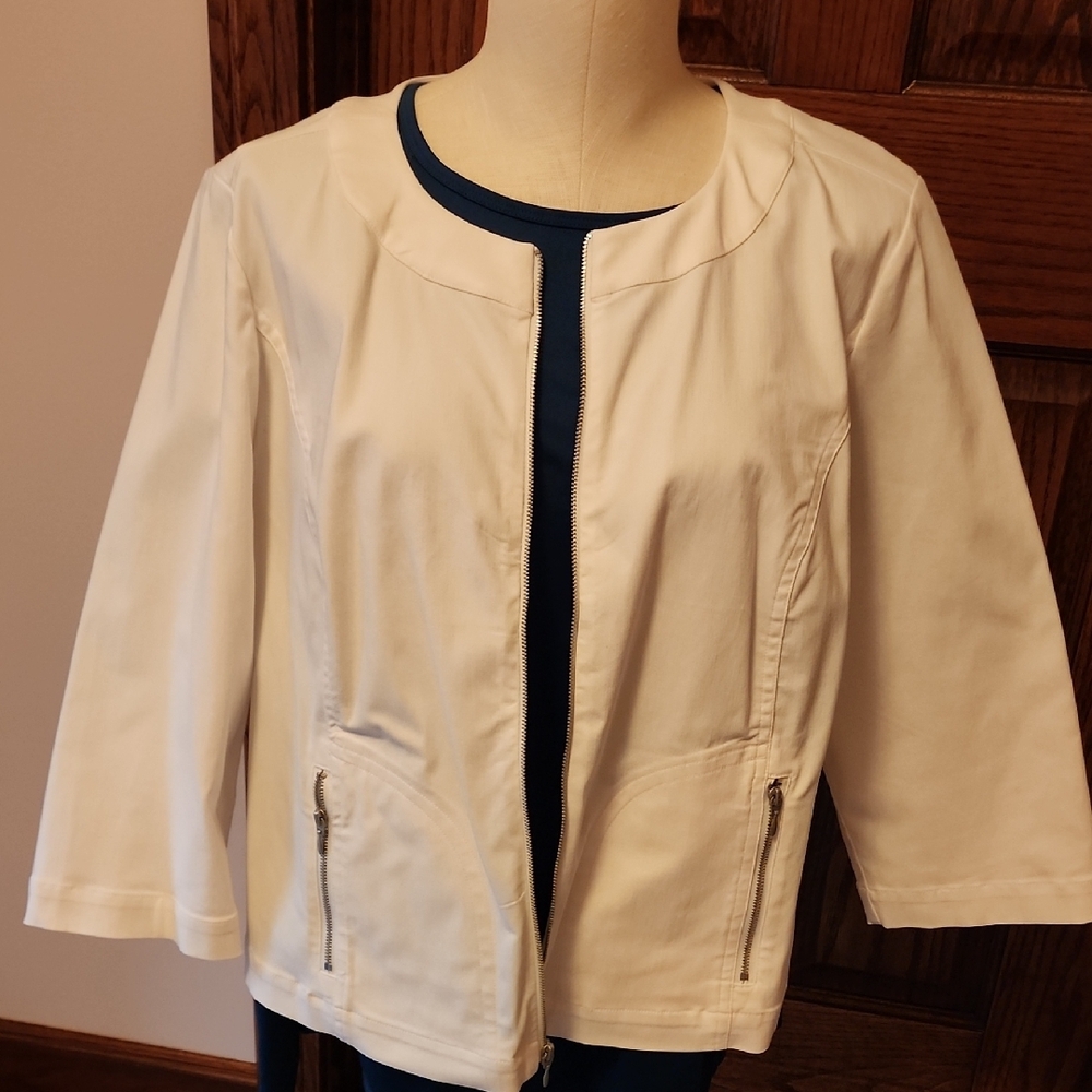 Chico's White Blazer with  Stretch Fabric and Open Front